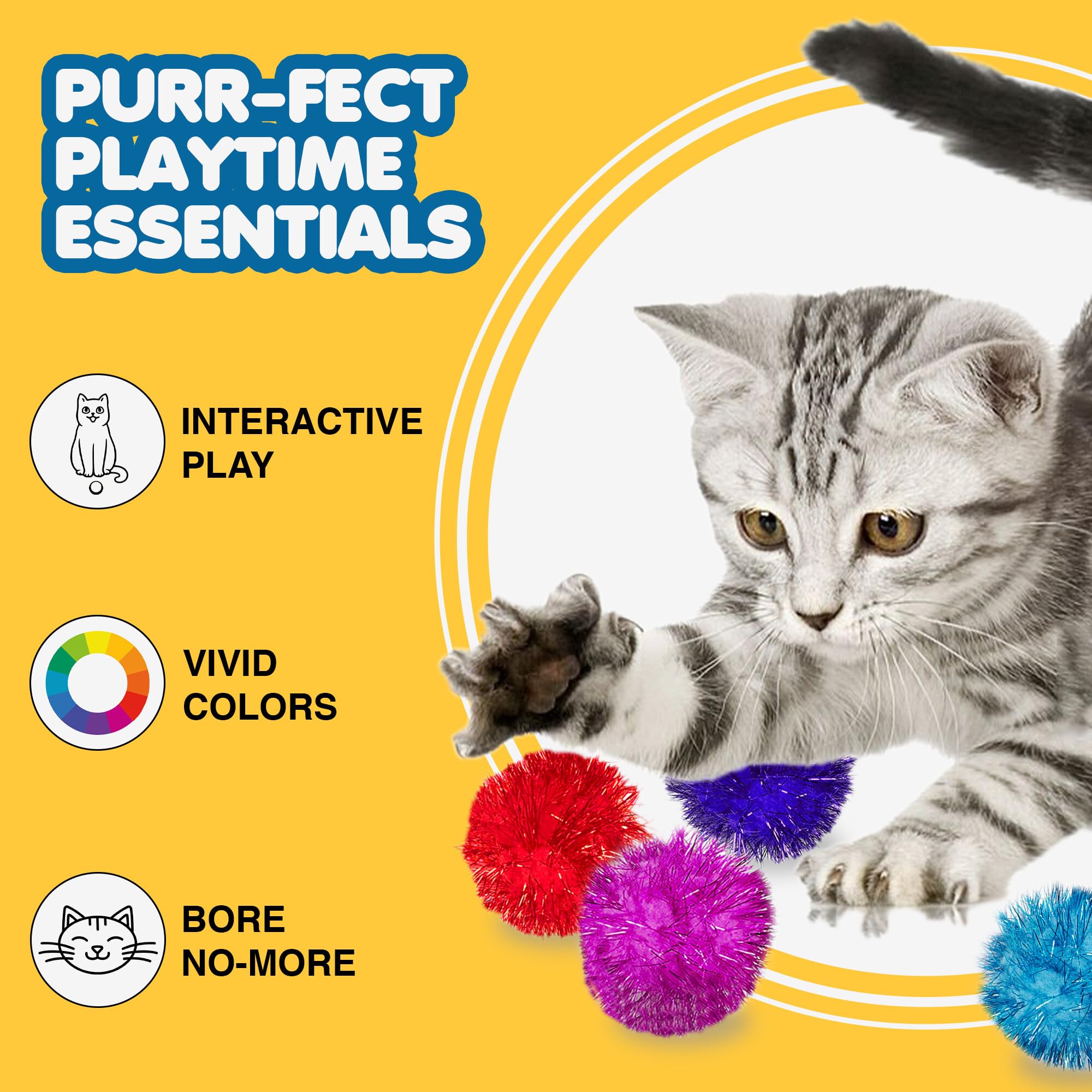 Sungrow Cat Pom Pom Balls, 20 Multi-Colored Shiny Enrichment Tinsel Pom Poms, 1    Tight Woven Yarn, Fuzzy Flash Balls For Indoo